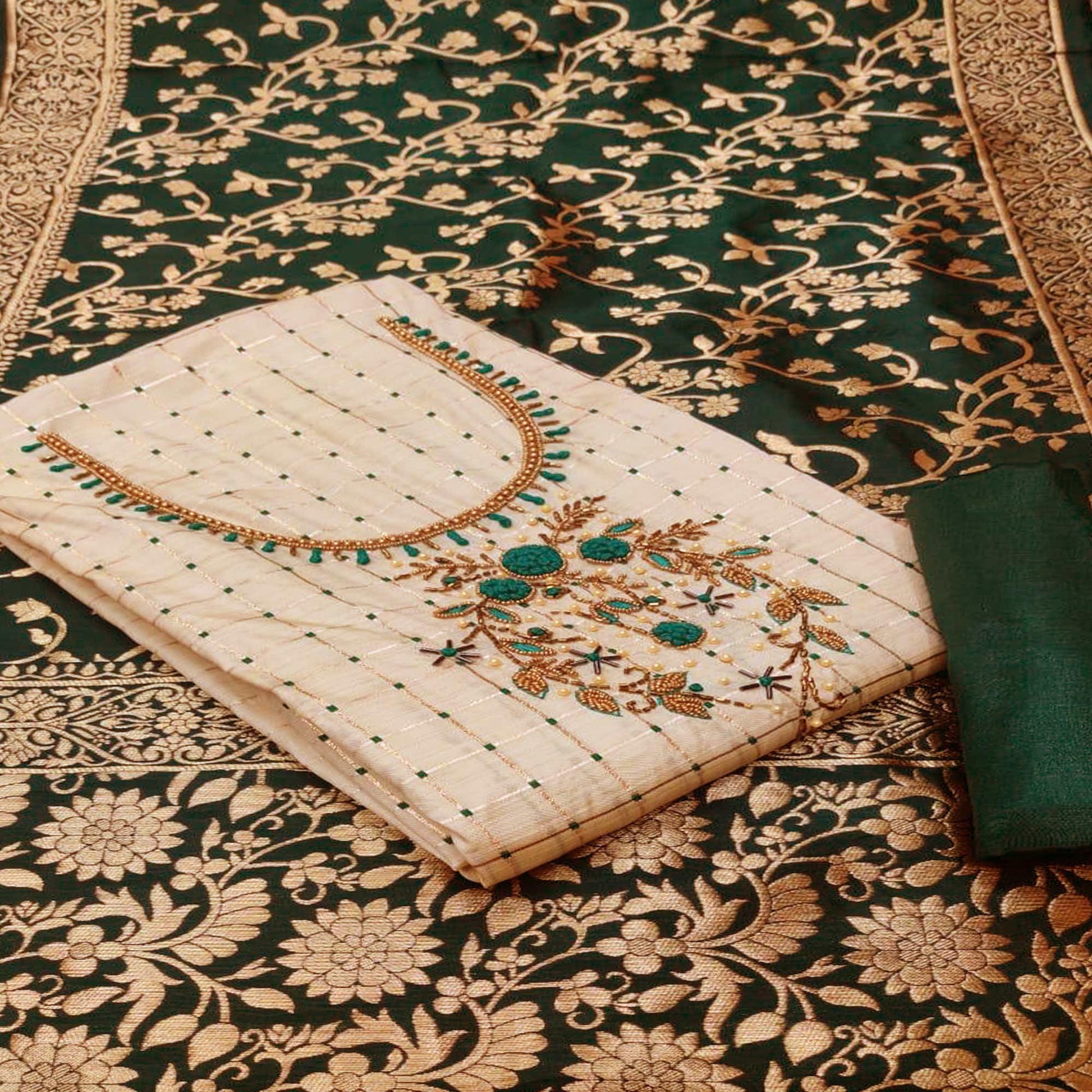 Cream Casual Wear Floral Embroidered With Checks Banarasi Silk Dress Material