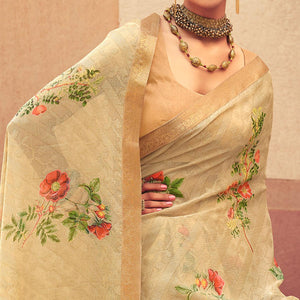 Cream Casual Wear Floral Printed Chiffon Saree With Fancy Lace