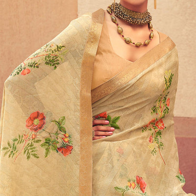 Cream Casual Wear Floral Printed Chiffon Saree With Fancy Lace