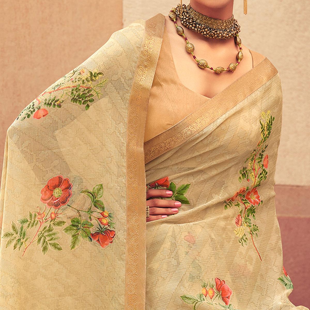 Cream Casual Wear Floral Printed Chiffon Saree With Fancy Lace
