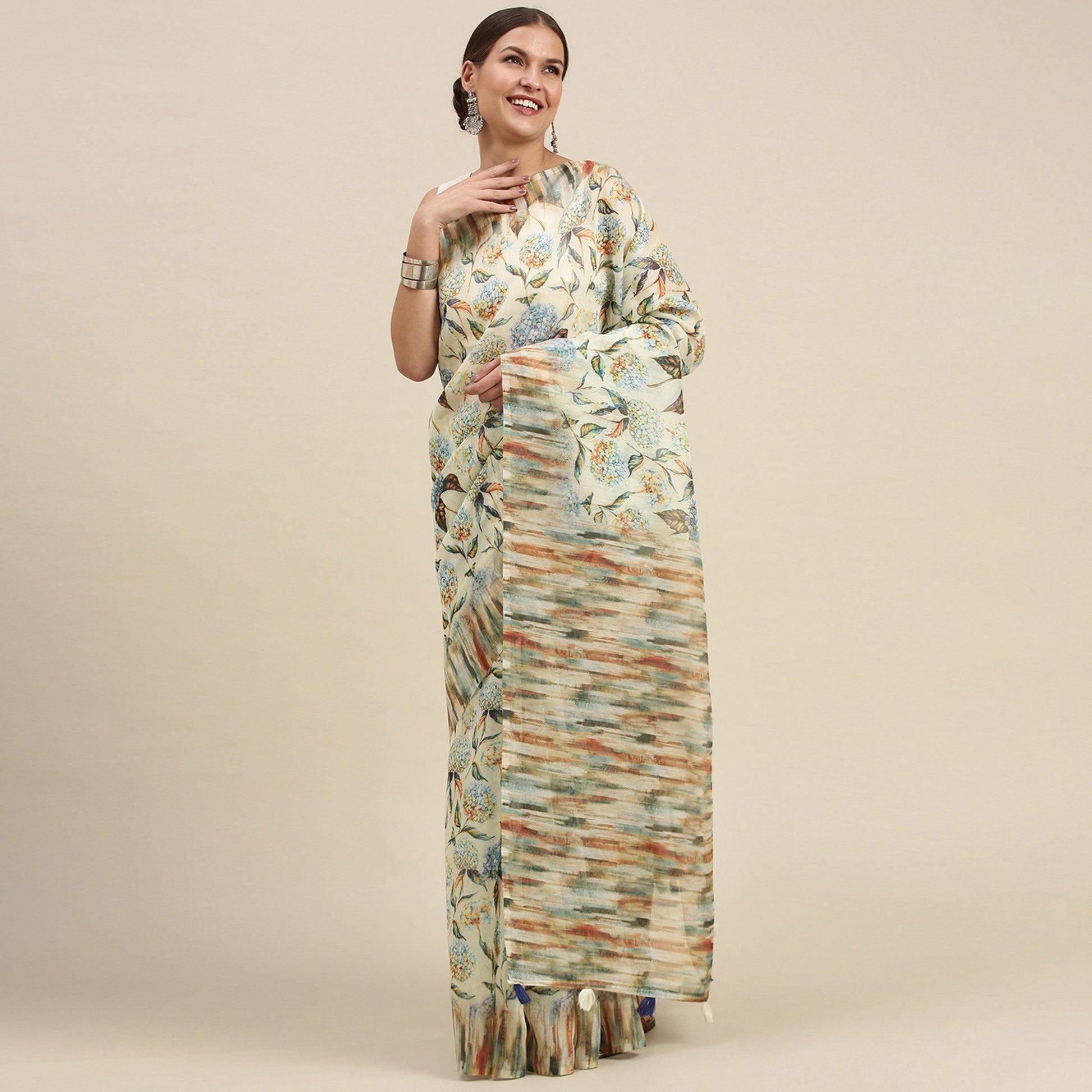 Cream Casual Wear Floral Printed Cotton Blend Saree With Tassels
