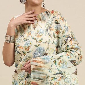 Cream Casual Wear Floral Printed Cotton Blend Saree With Tassels