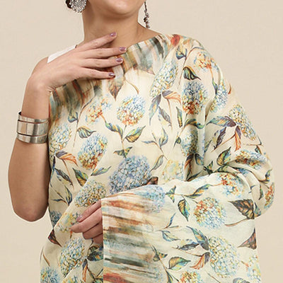 Cream Casual Wear Floral Printed Cotton Blend Saree With Tassels