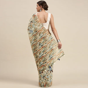 Cream Casual Wear Floral Printed Cotton Blend Saree With Tassels