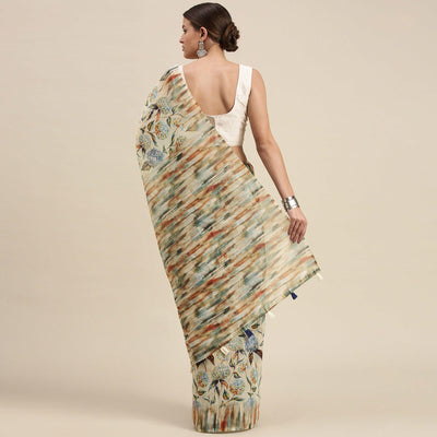 Cream Casual Wear Floral Printed Cotton Blend Saree With Tassels