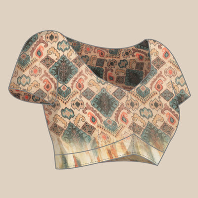 Cream Casual Wear Floral Printed Cotton Blend Saree With Tassels