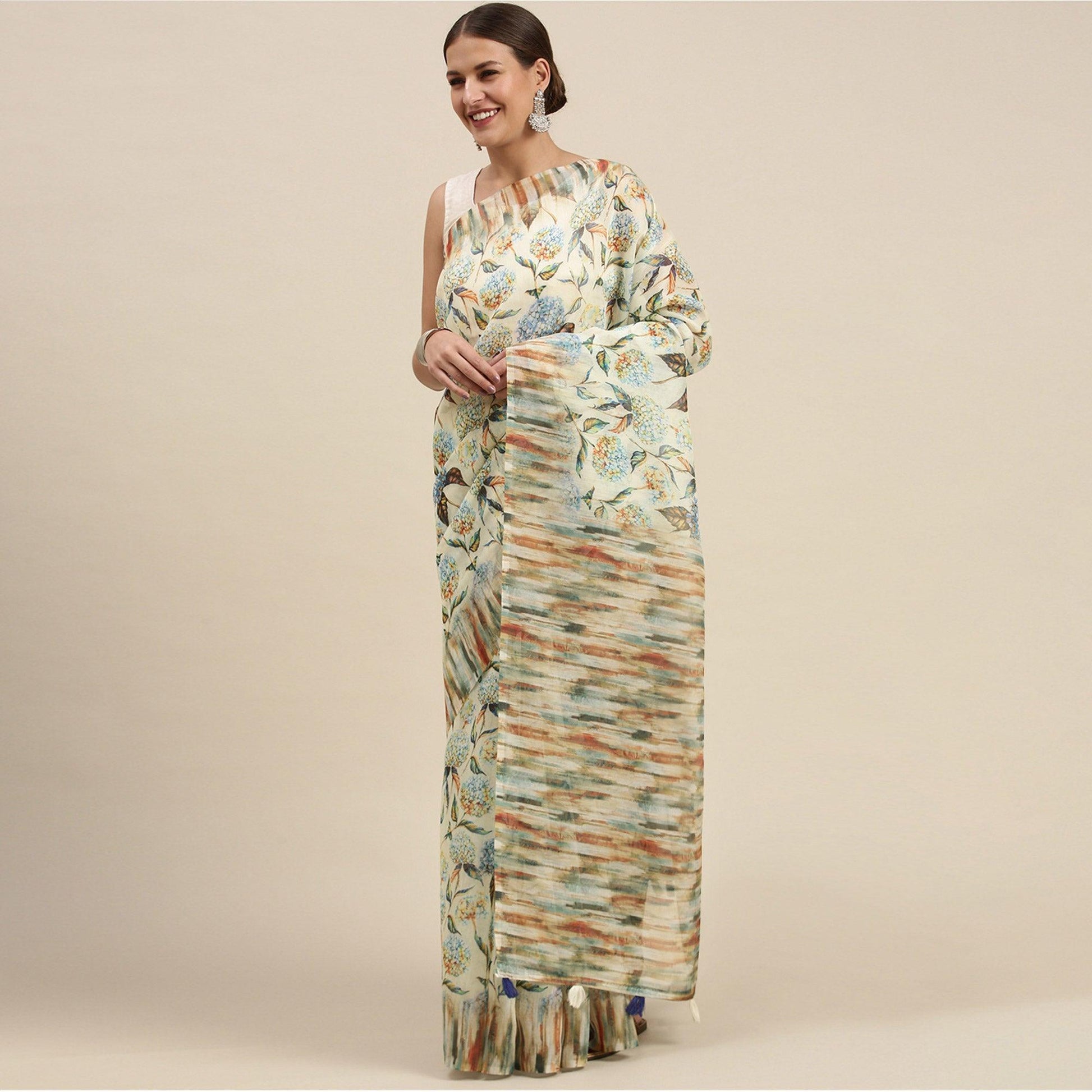 Cream Casual Wear Floral Printed Cotton Blend Saree With Tassels
