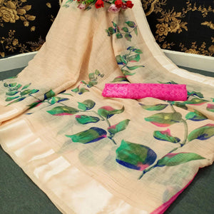 Cream Casual Wear Floral Printed Fancy Linen Slub Saree