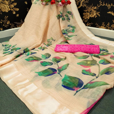 Cream Casual Wear Floral Printed Fancy Linen Slub Saree