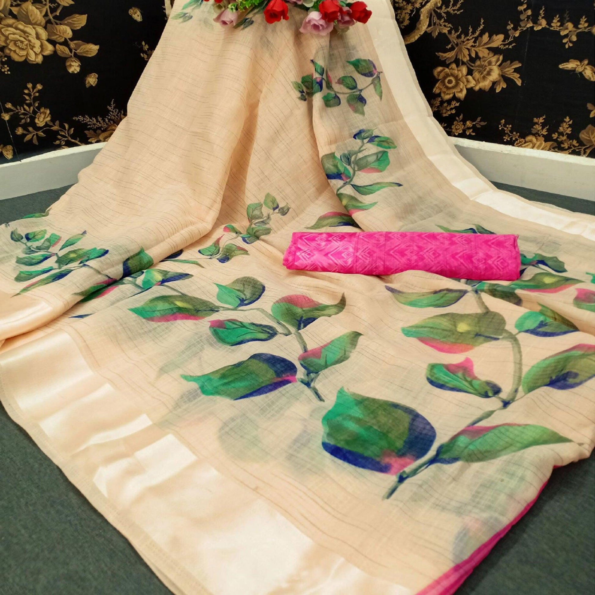 Cream Casual Wear Floral Printed Fancy Linen Slub Saree