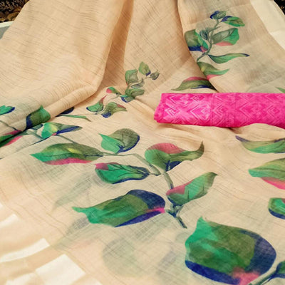 Cream Casual Wear Floral Printed Fancy Linen Slub Saree