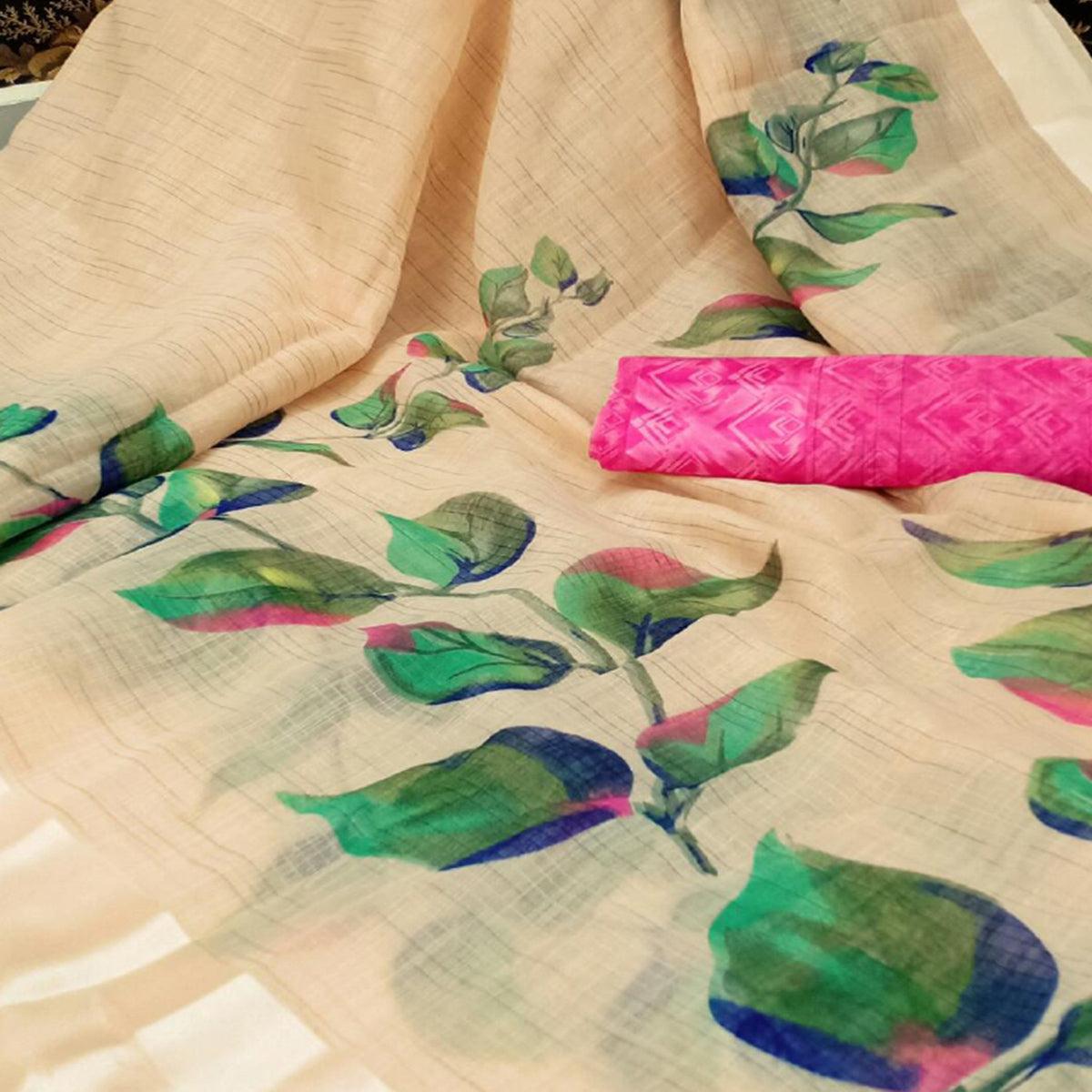 Cream Casual Wear Floral Printed Fancy Linen Slub Saree