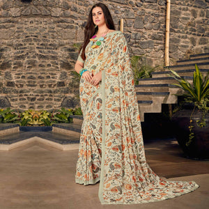 Cream Casual Wear Floral Printed Georgette Saree