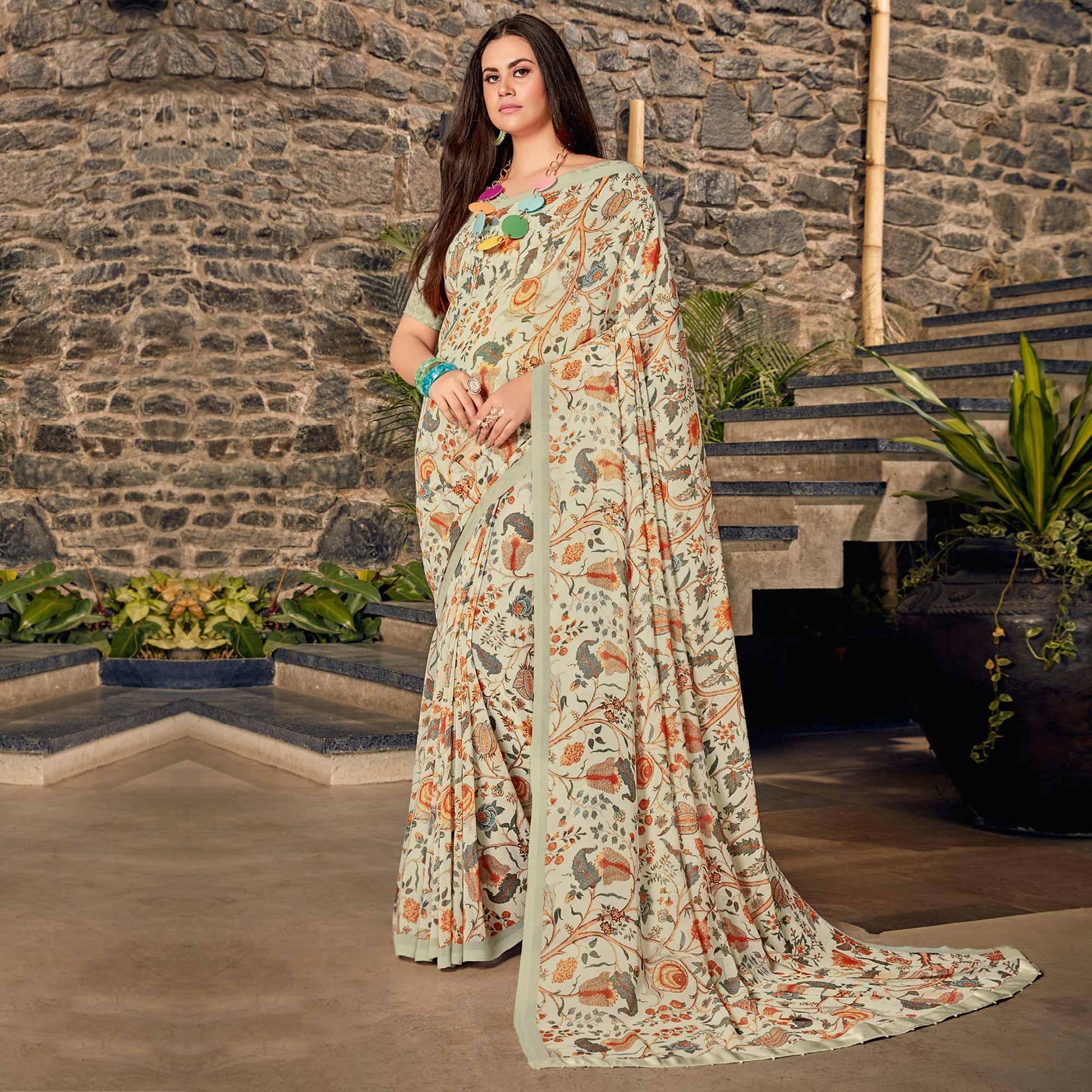 Cream Casual Wear Floral Printed Georgette Saree