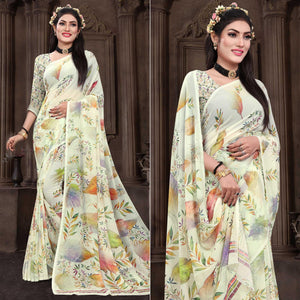 Cream Casual Wear Floral Printed Georgette Saree