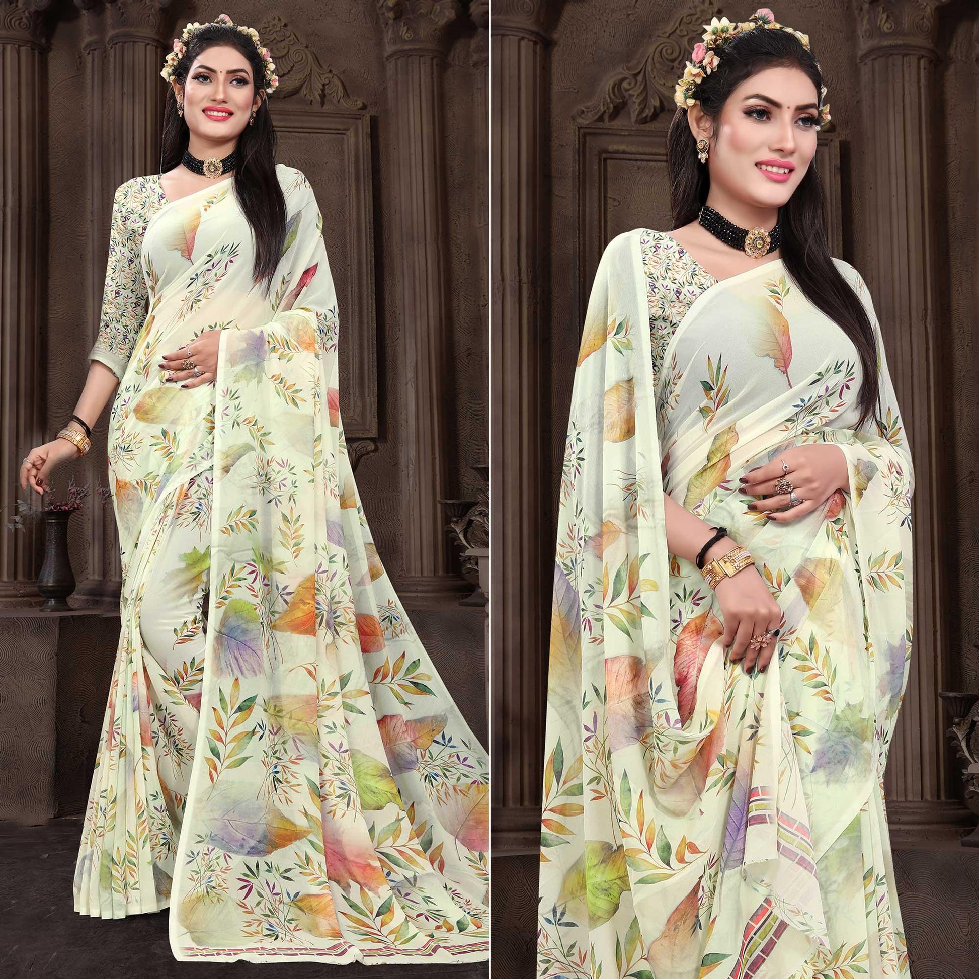 Cream Casual Wear Floral Printed Georgette Saree