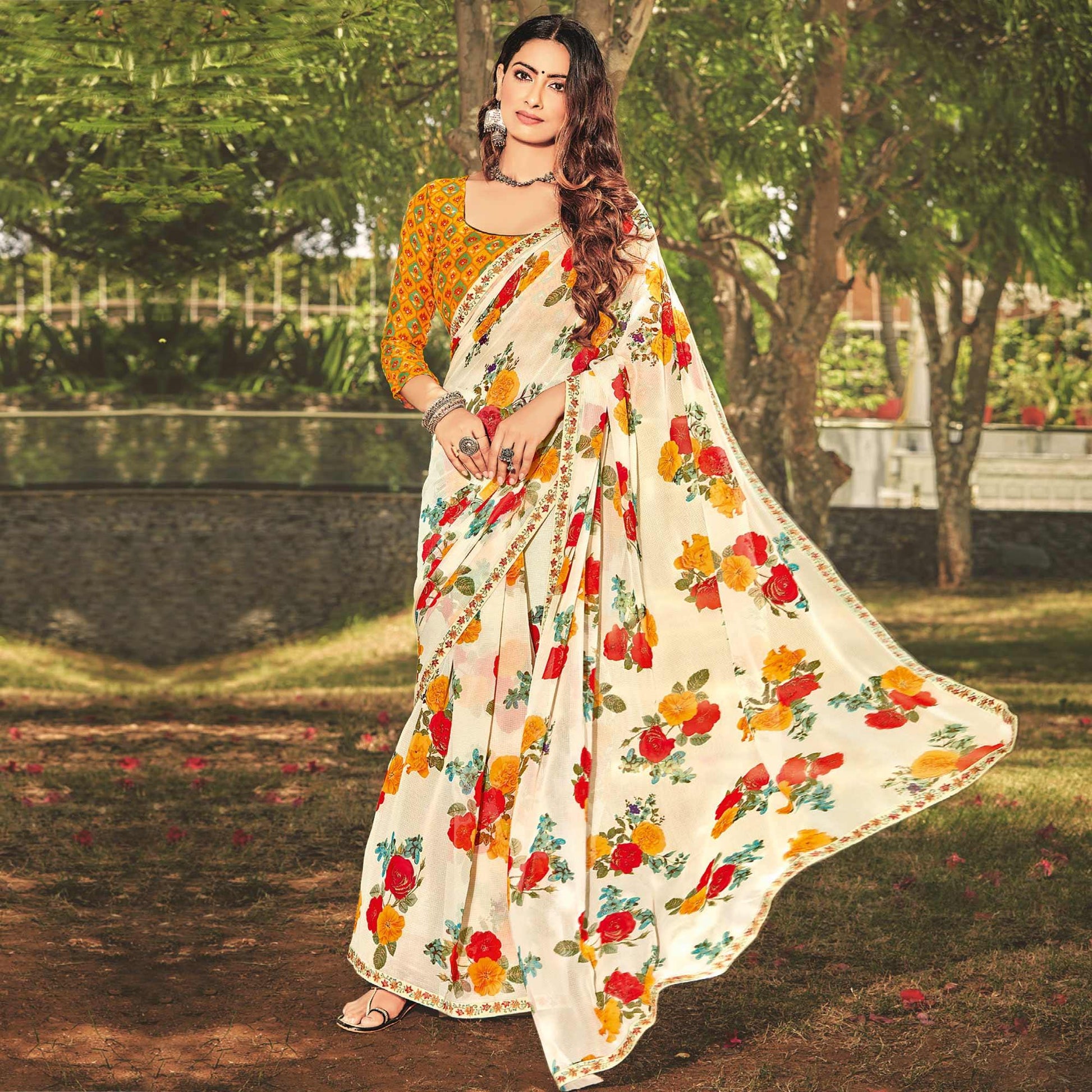 Cream Casual Wear Floral Printed Georgette Saree