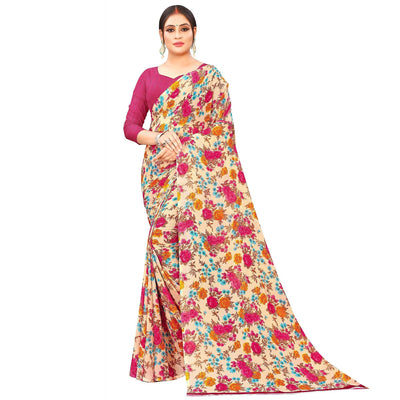 Cream Casual Wear Floral Printed Georgette Saree