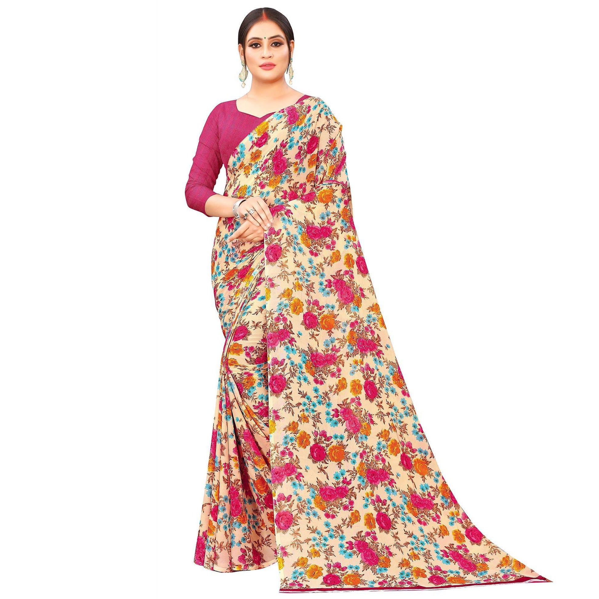 Cream Casual Wear Floral Printed Georgette Saree