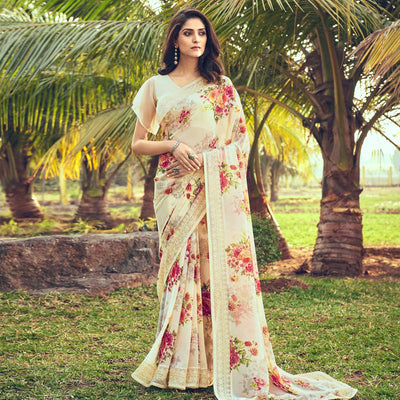 Cream Casual Wear Floral Printed Georgette Saree