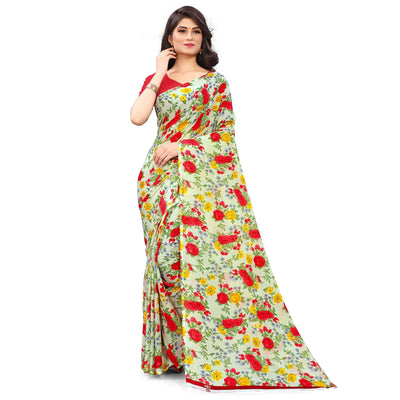Cream Casual Wear Floral Printed Georgette Saree