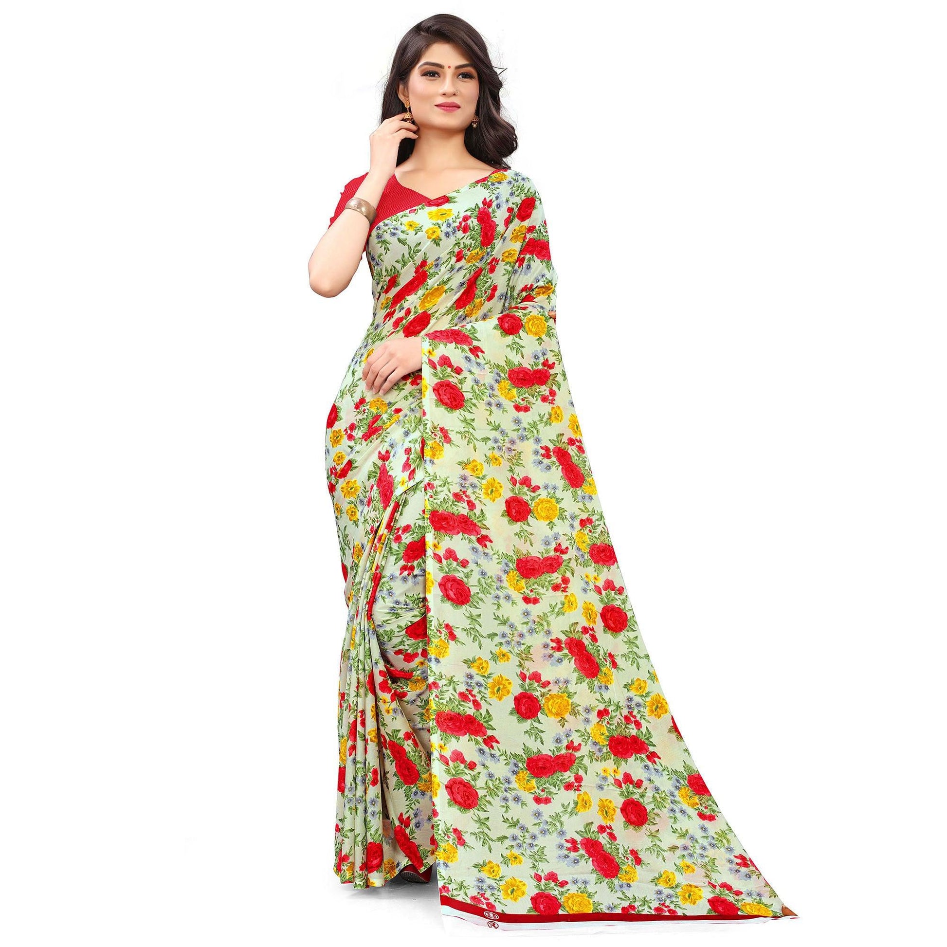 Cream Casual Wear Floral Printed Georgette Saree