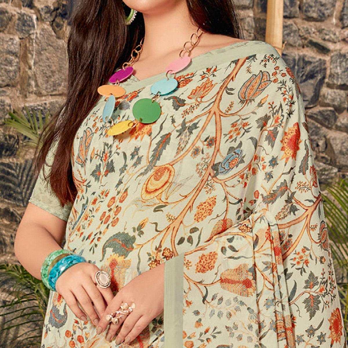 Cream Casual Wear Floral Printed Georgette Saree