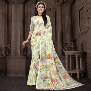 Cream Casual Wear Floral Printed Georgette Saree