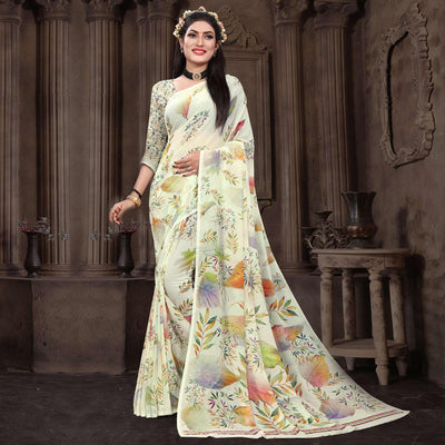 Cream Casual Wear Floral Printed Georgette Saree