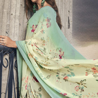 Cream Casual Wear Floral Printed Georgette Saree