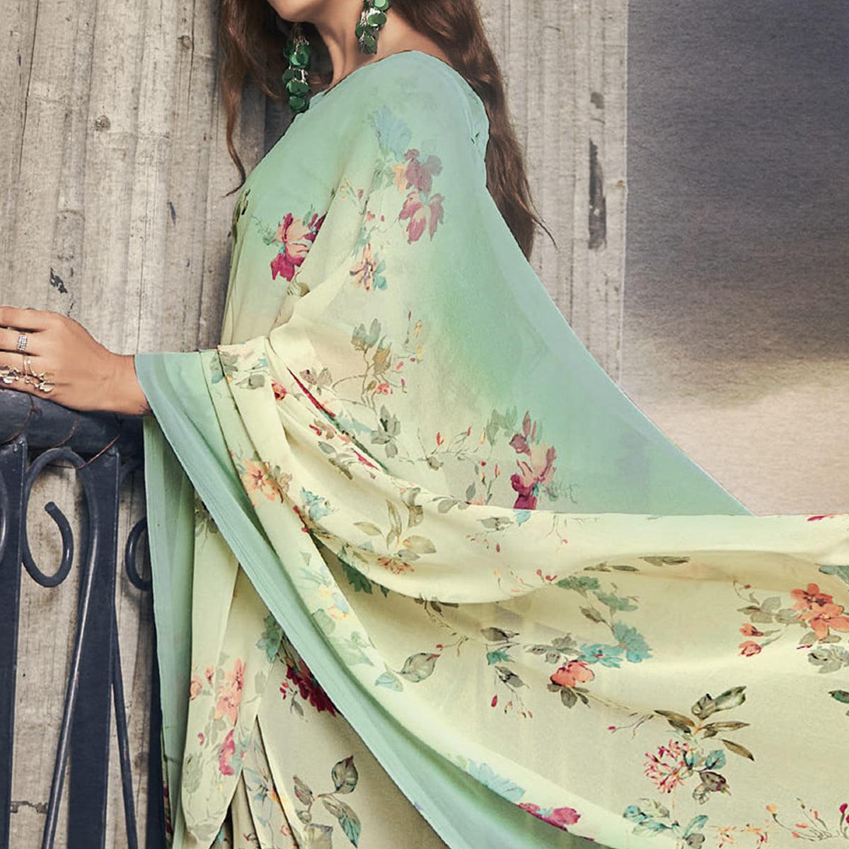 Cream Casual Wear Floral Printed Georgette Saree