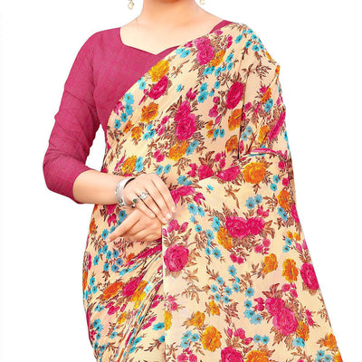 Cream Casual Wear Floral Printed Georgette Saree