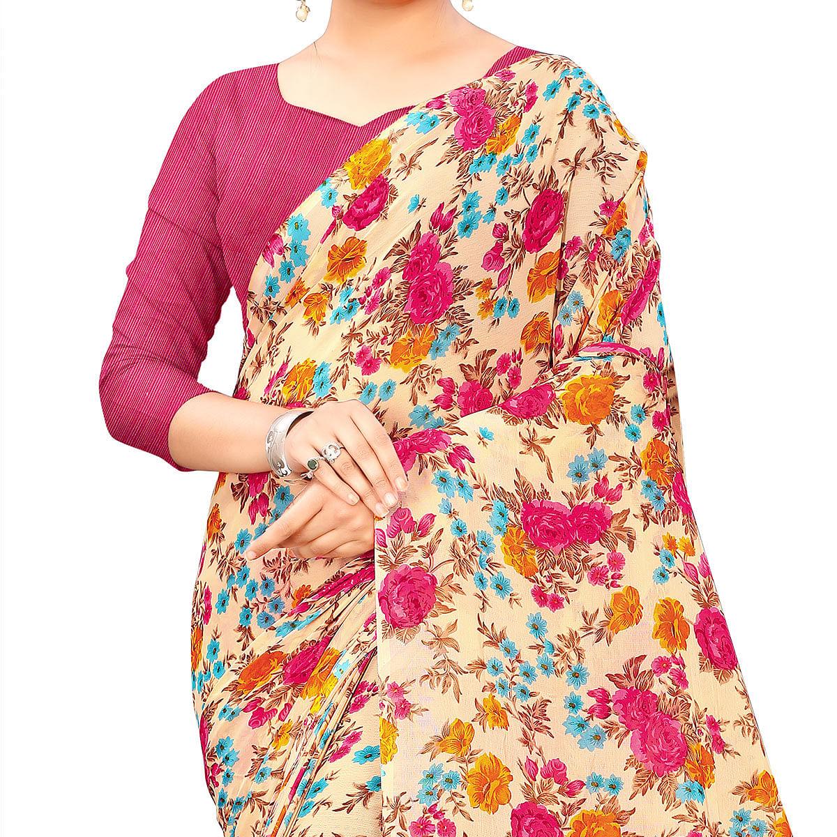 Cream Casual Wear Floral Printed Georgette Saree