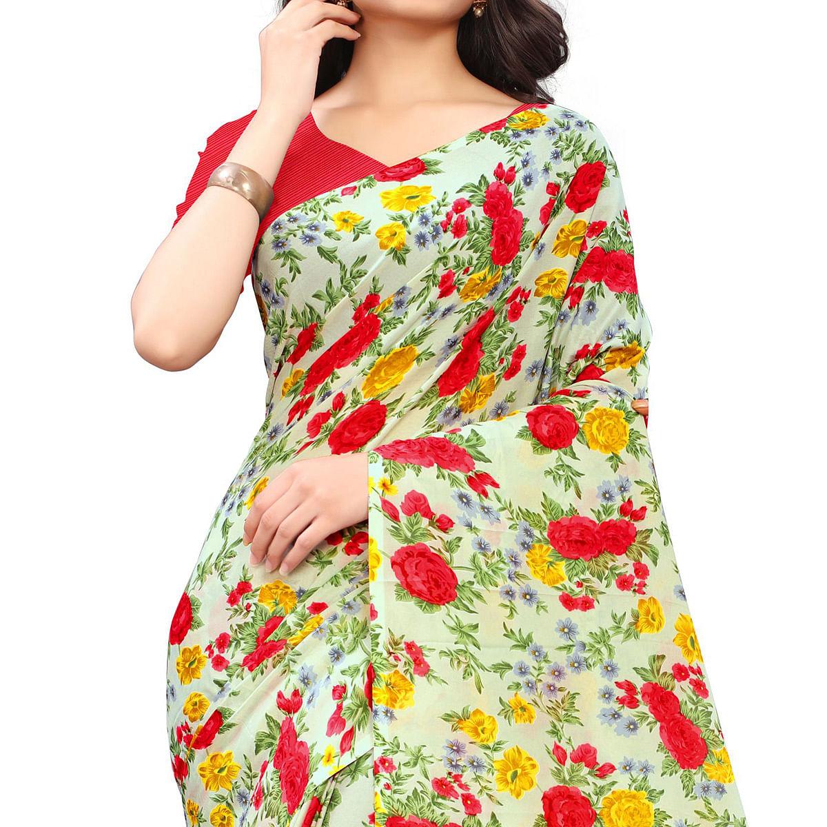 Cream Casual Wear Floral Printed Georgette Saree