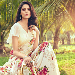 Cream Casual Wear Floral Printed Georgette Saree