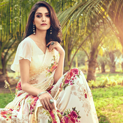Cream Casual Wear Floral Printed Georgette Saree