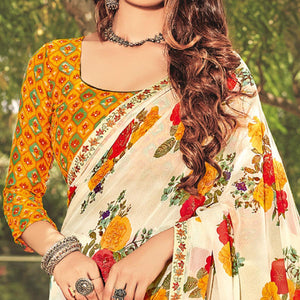 Cream Casual Wear Floral Printed Georgette Saree
