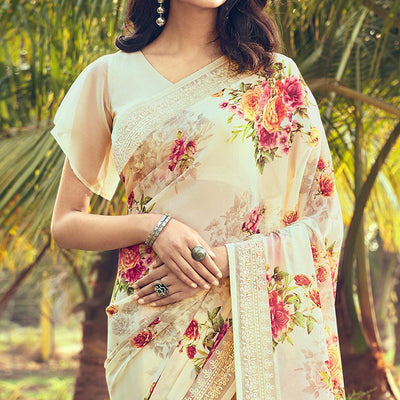 Cream Casual Wear Floral Printed Georgette Saree
