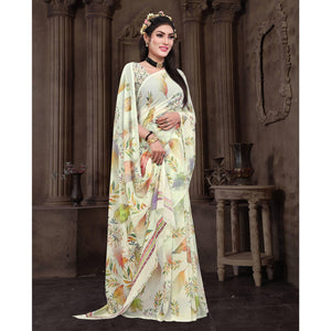 Cream Casual Wear Floral Printed Georgette Saree