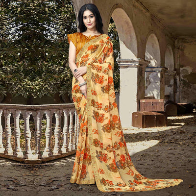 Cream Casual Wear Floral Printed Georgette Saree With Lace Border