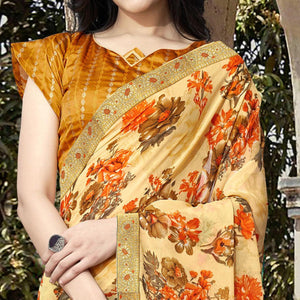 Cream Casual Wear Floral Printed Georgette Saree With Lace Border