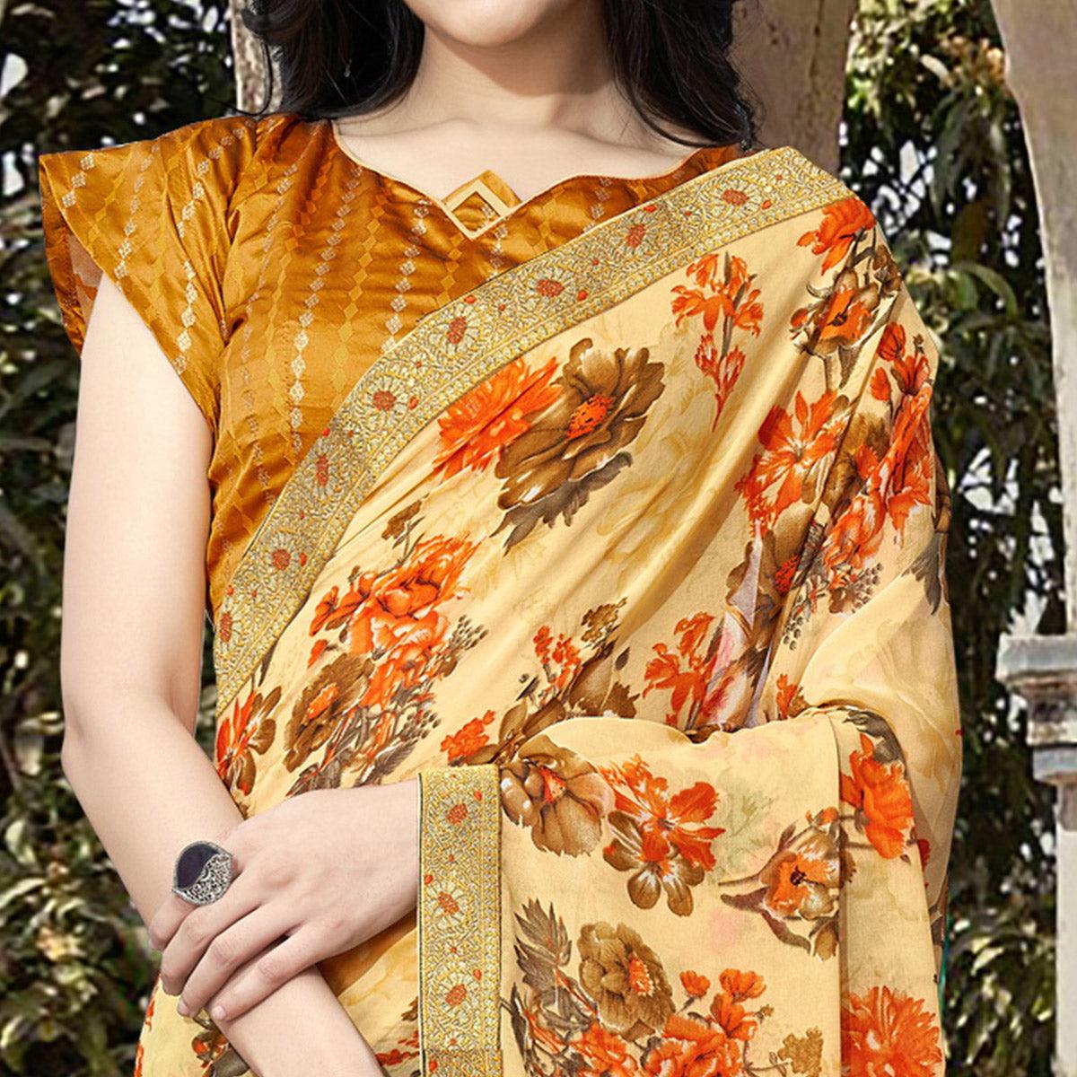 Cream Casual Wear Floral Printed Georgette Saree With Lace Border