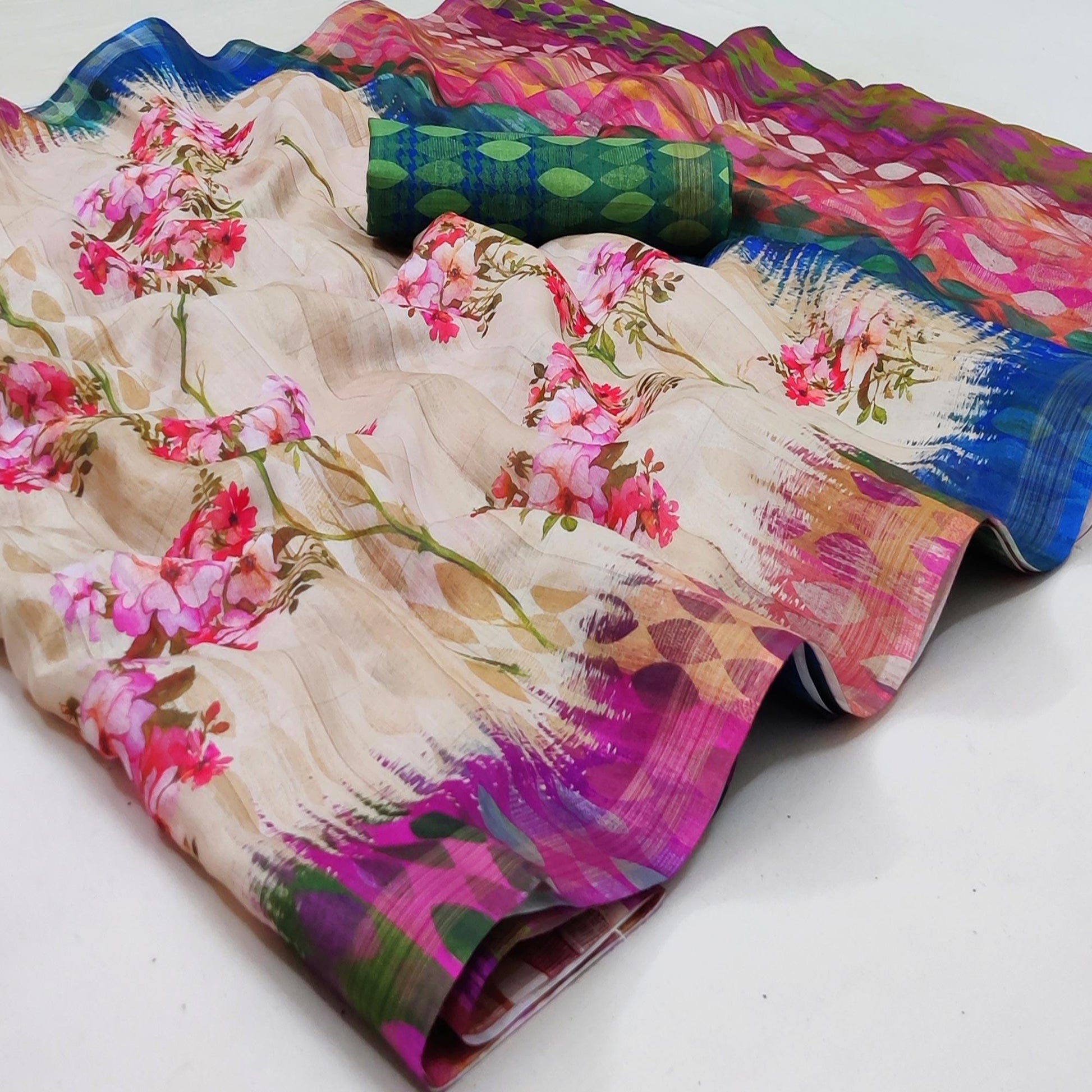 Cream Casual Wear Floral Printed Silk Saree