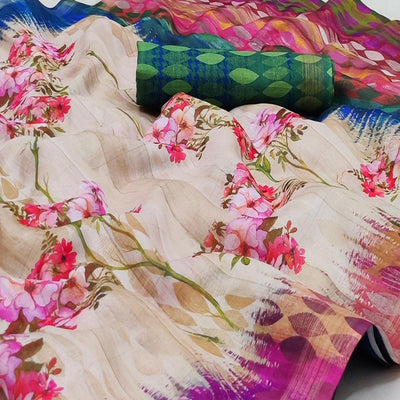 Cream Casual Wear Floral Printed Silk Saree