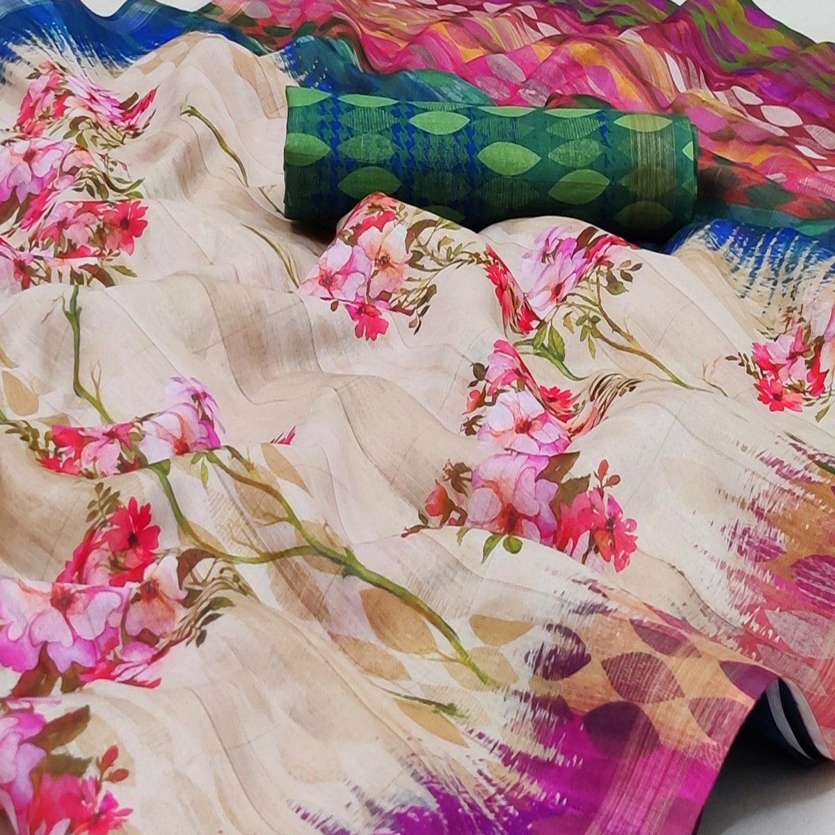 Cream Casual Wear Floral Printed Silk Saree