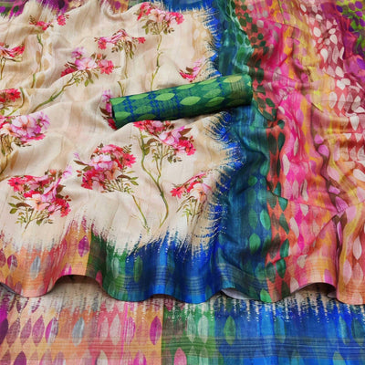 Cream Casual Wear Floral Printed Silk Saree