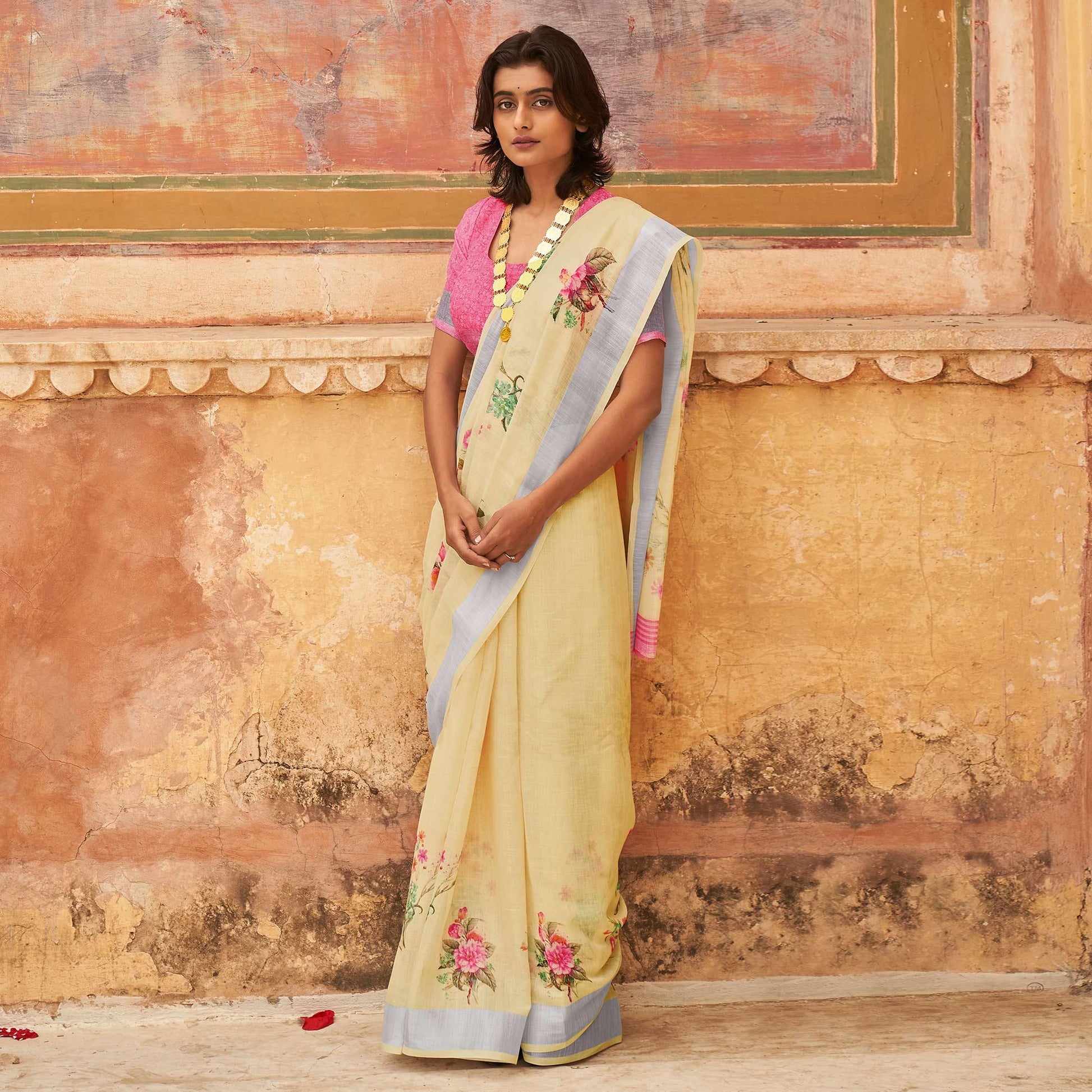 Cream  Casual Wear Floral Printed Zari Border Soft Linen Cotton Saree