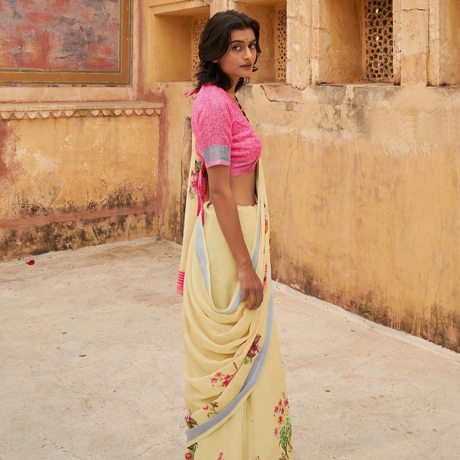 Cream  Casual Wear Floral Printed Zari Border Soft Linen Cotton Saree