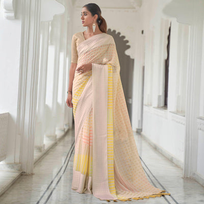 Cream Casual Wear Foil Printed Georgette Saree With Jacquard Border