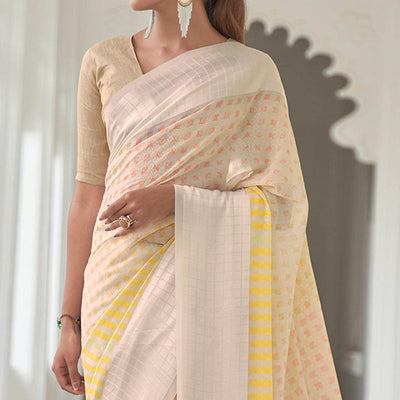 Cream Casual Wear Foil Printed Georgette Saree With Jacquard Border